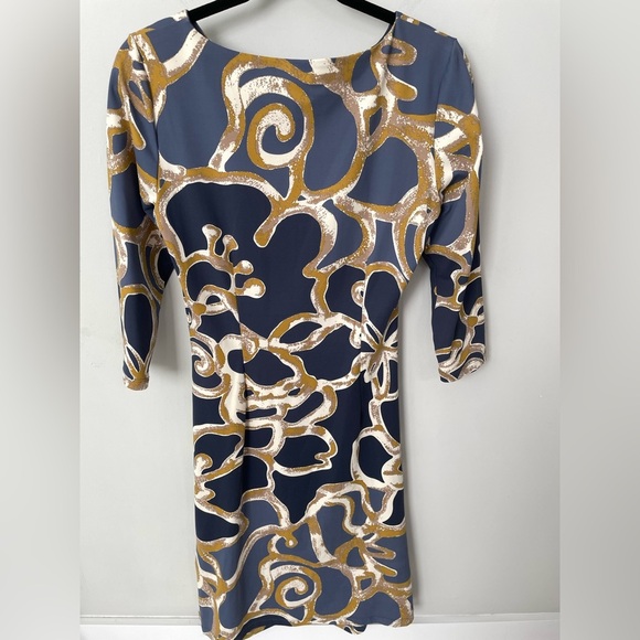 J. McLaughlin Ruched Catalina Abstract Print 3/4 Sleeve Dress Size Small Blue 18 - Picture 4 of 7